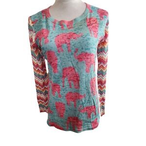 Before + Again Womens Elephant Chevron Long Sleeve Top Blue Pink Size Medium